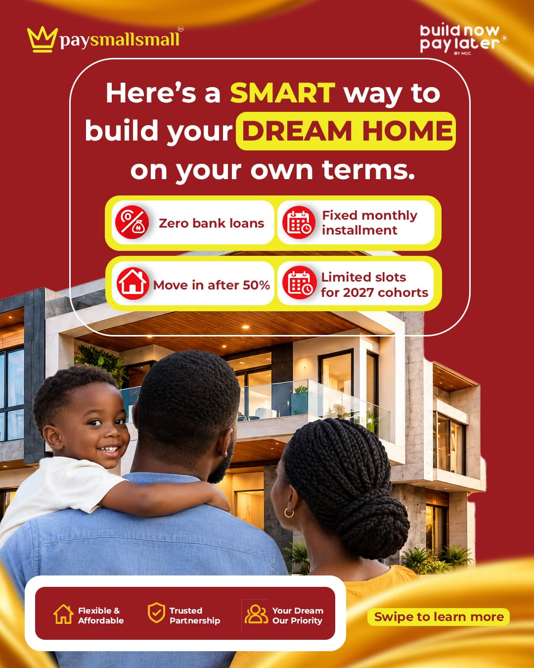 Pay Small Small and MCC promotional artwork showing a family looking towards a modern home